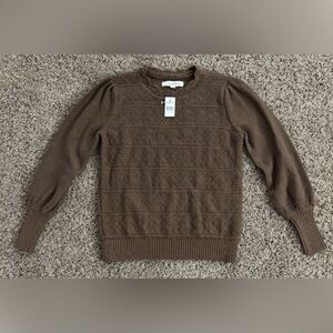 The Loft Brown Shimmer Pointelle Sweater Size Medium Puff Balloon Sleeves